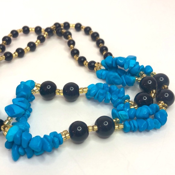 Boho Blue Turquoise And Onyx Gemstone Bead Necklace 28” Long - Picture 5 of 6